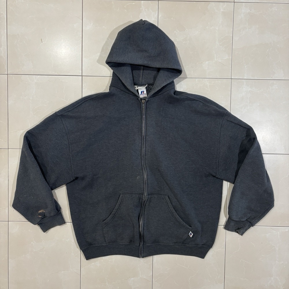Vintage Russell Athletic Full Zip Hoodie Men's XL Grey Y2K Grunge Skater Flawed